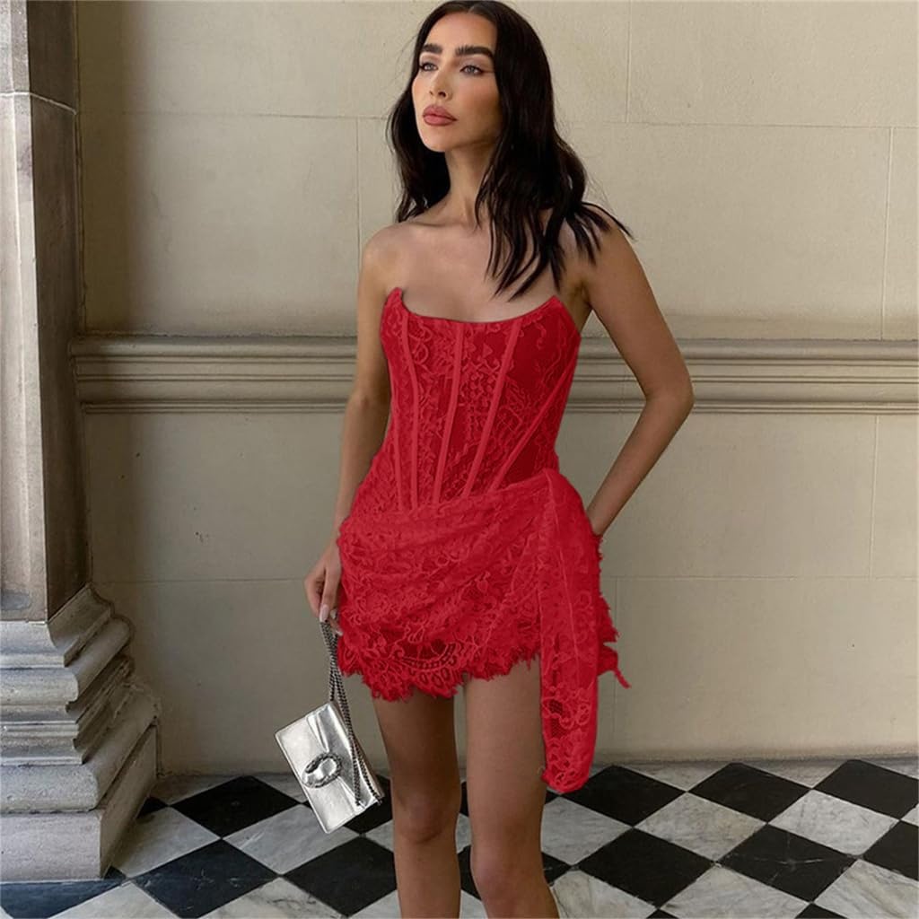 Red Bandage Backless Floral Lace Corset mini Dress