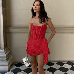 Red Bandage Backless Floral Lace Corset mini Dress
