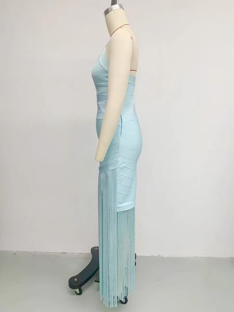 Light Blue Bandage Fringe Midi Dress