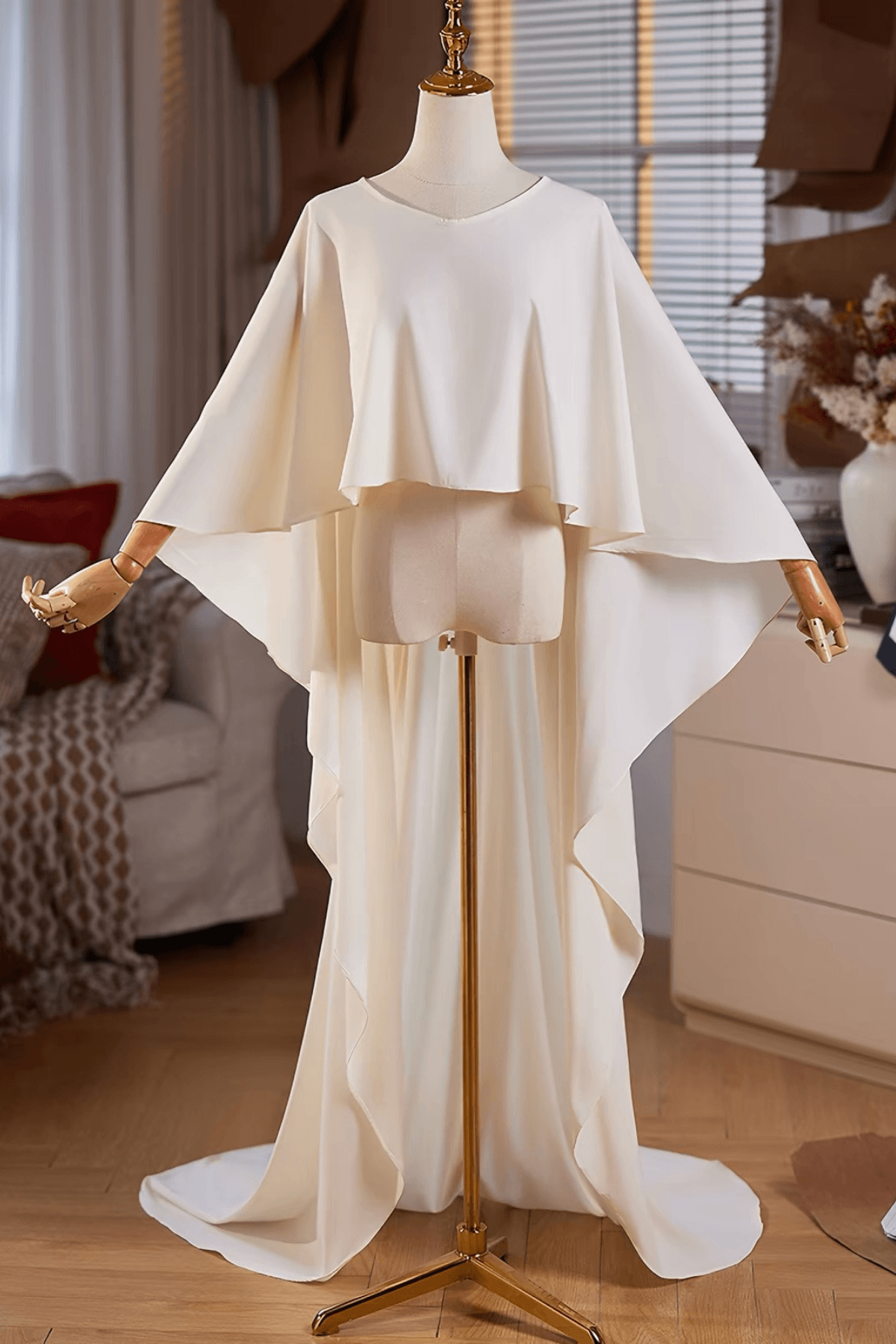 Cream Flowy Cape Long Train Shawl