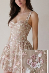 Nude Mesh Embroidered Floral Fitted Bustier Mini Dress