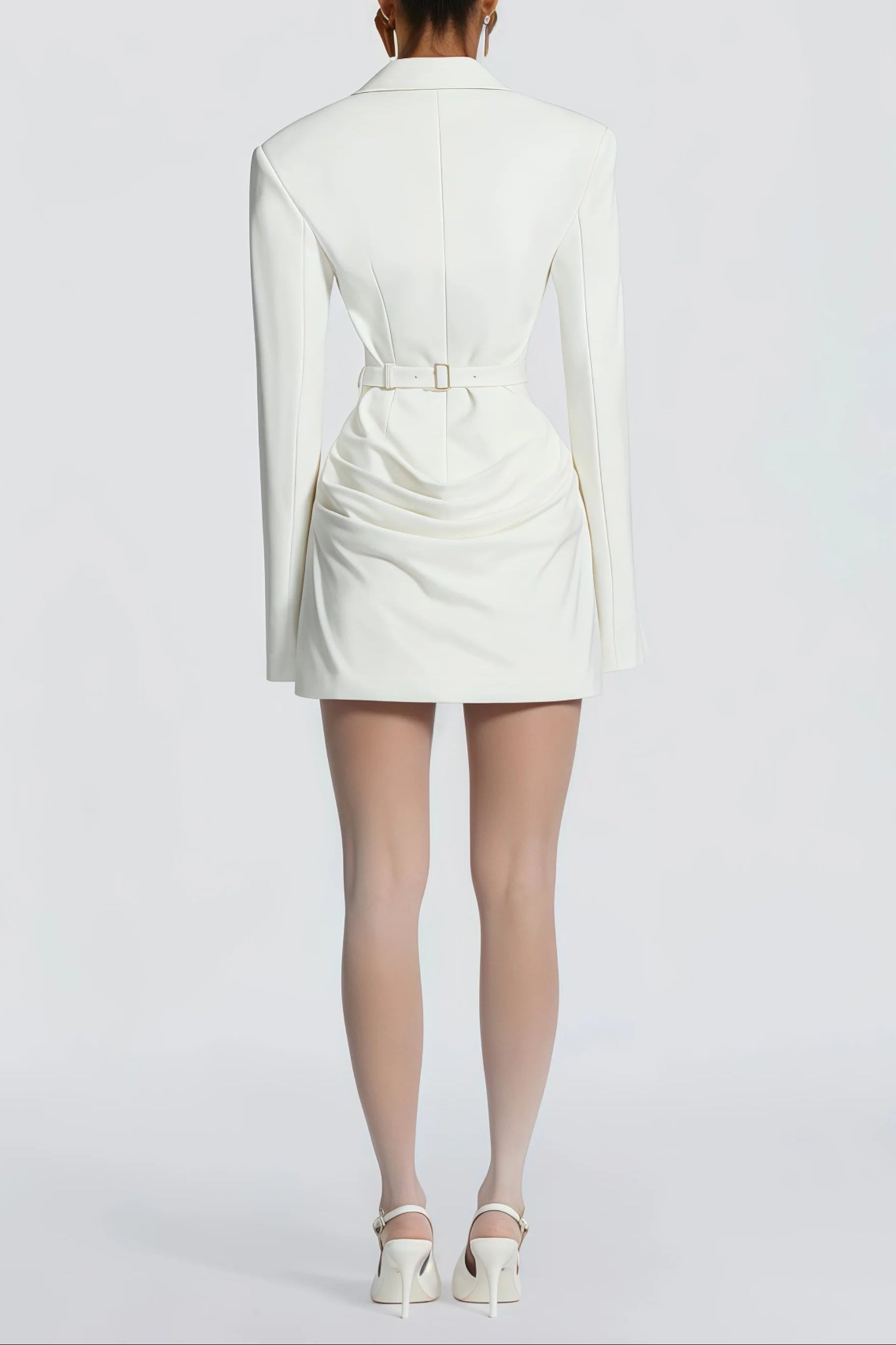 V-Neck Ruched Blazer Mini Dress in White