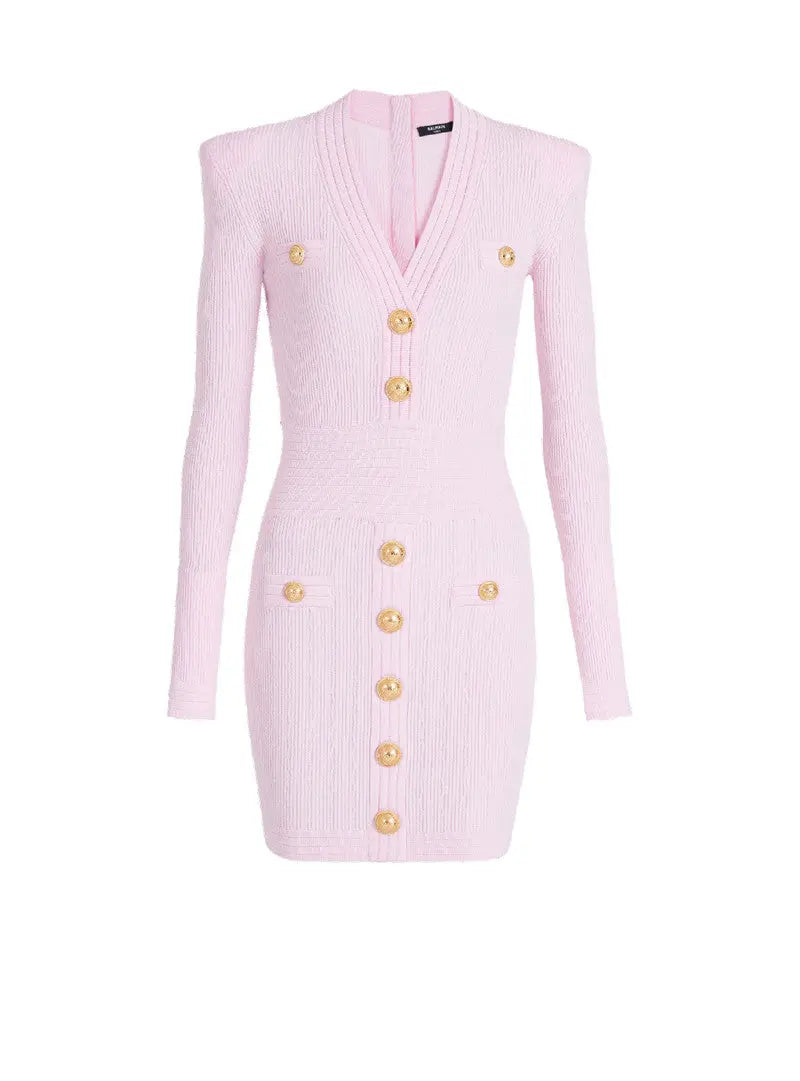 V-Neck Button-Detail Ribbed Mini Dress in Pink