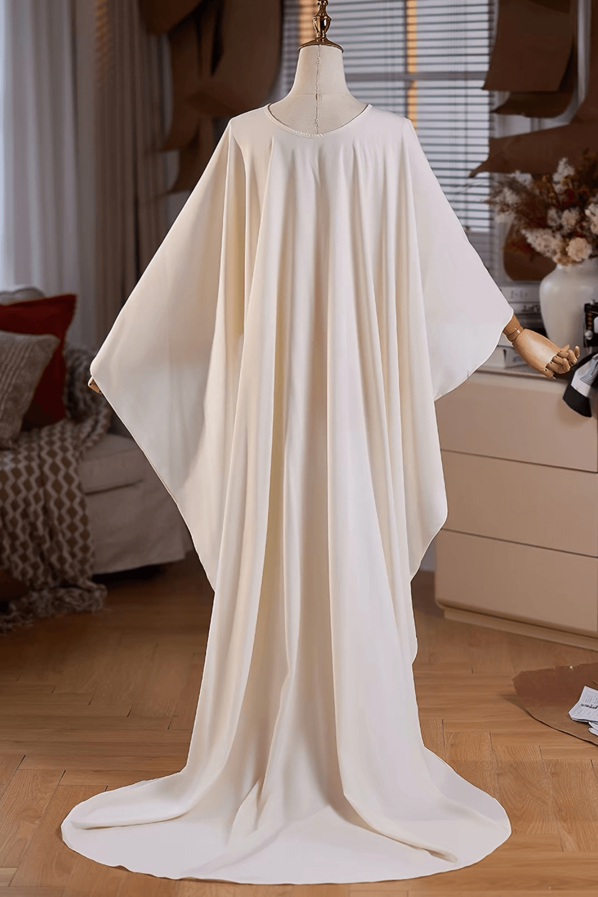 Cream Flowy Cape Long Train Shawl