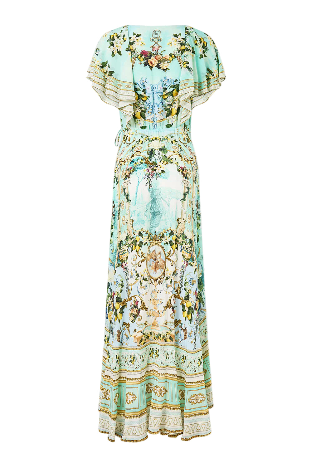 Green-Printed Ruffled V-Neck Hem Silk Maxi Dress