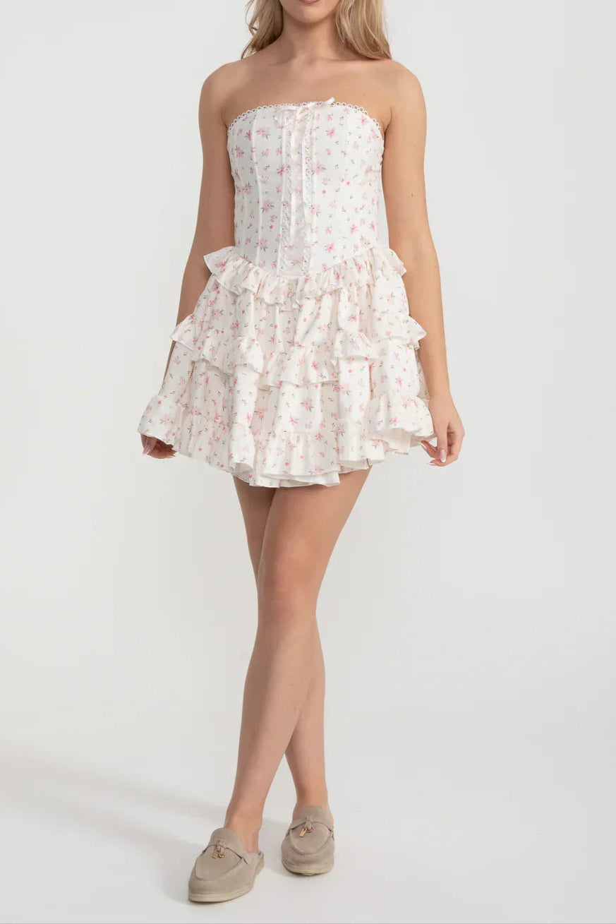 Ruffle Printed Mini Dress in Pink
