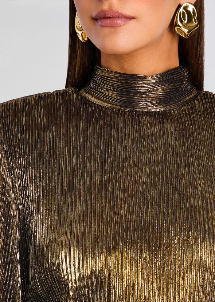 High-Necked Lantern Sleeve Mini Dress in Gold