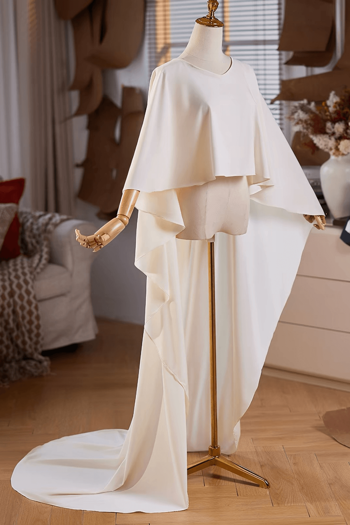 Cream Flowy Cape Long Train Shawl