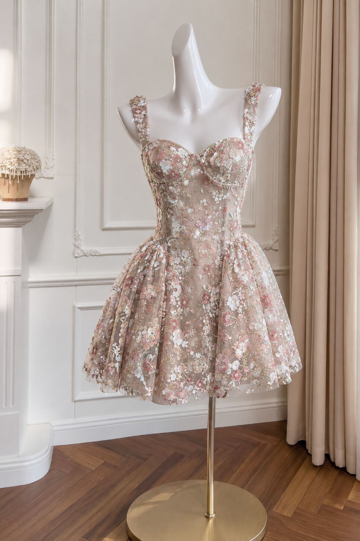 Nude Mesh Embroidered Floral Fitted Bustier Mini Dress