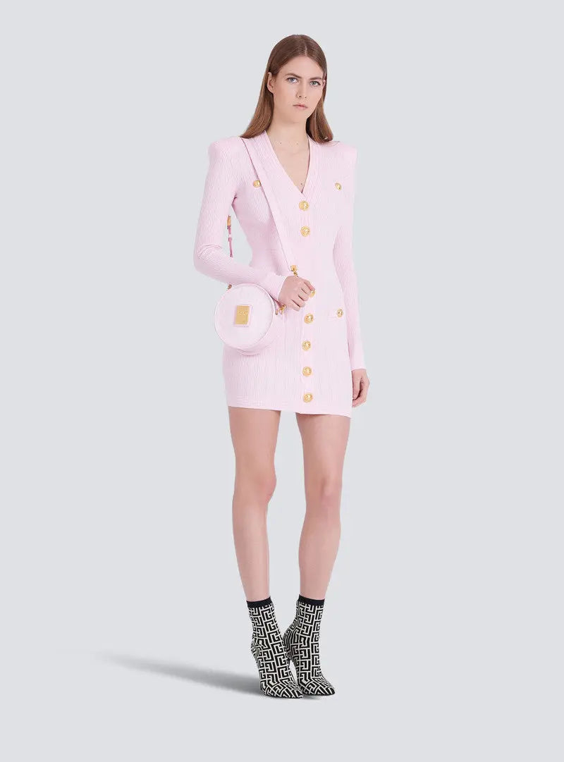 V-Neck Button-Detail Ribbed Mini Dress in Pink