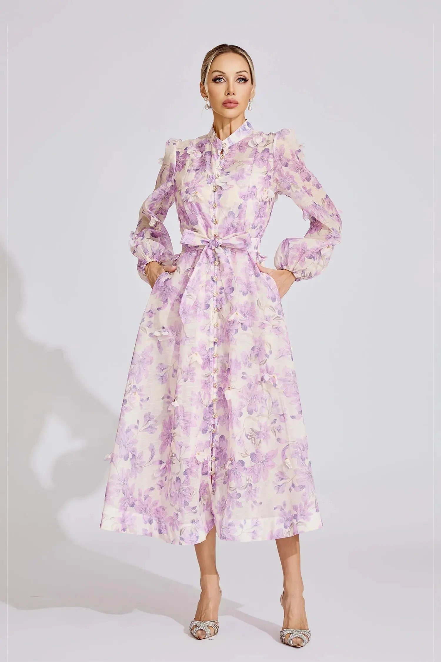 Floral Print Lantern Sleeve Maxi Dress in Purple