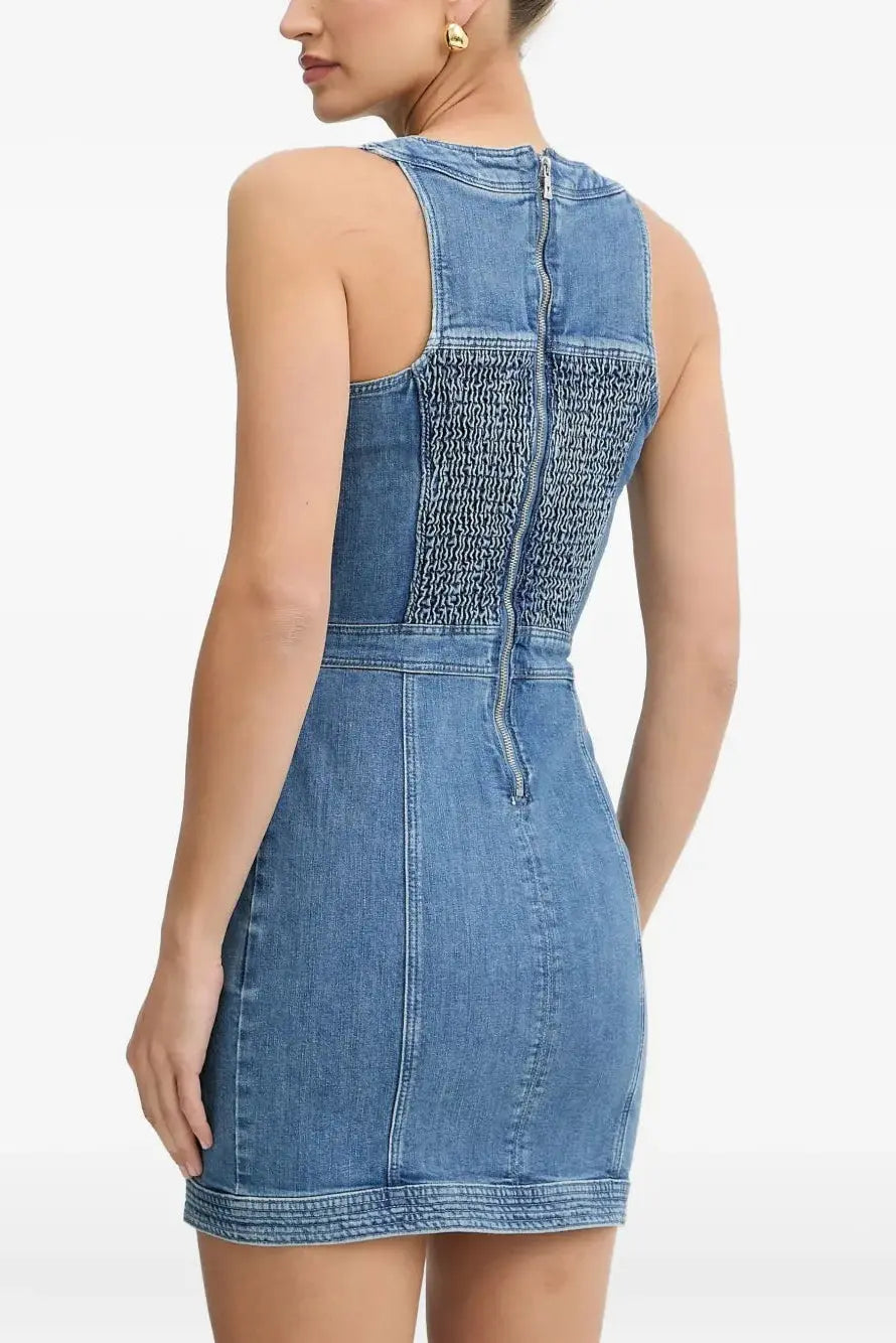 Buttoned Lace-Up Sleeveless Mini Dress in Navy Blue