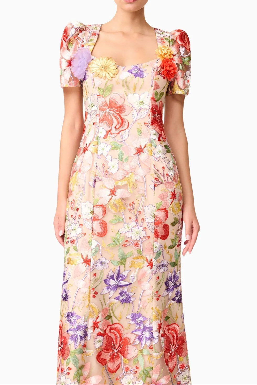 Square Neck Backless Mesh Embroidered Maxi Dress