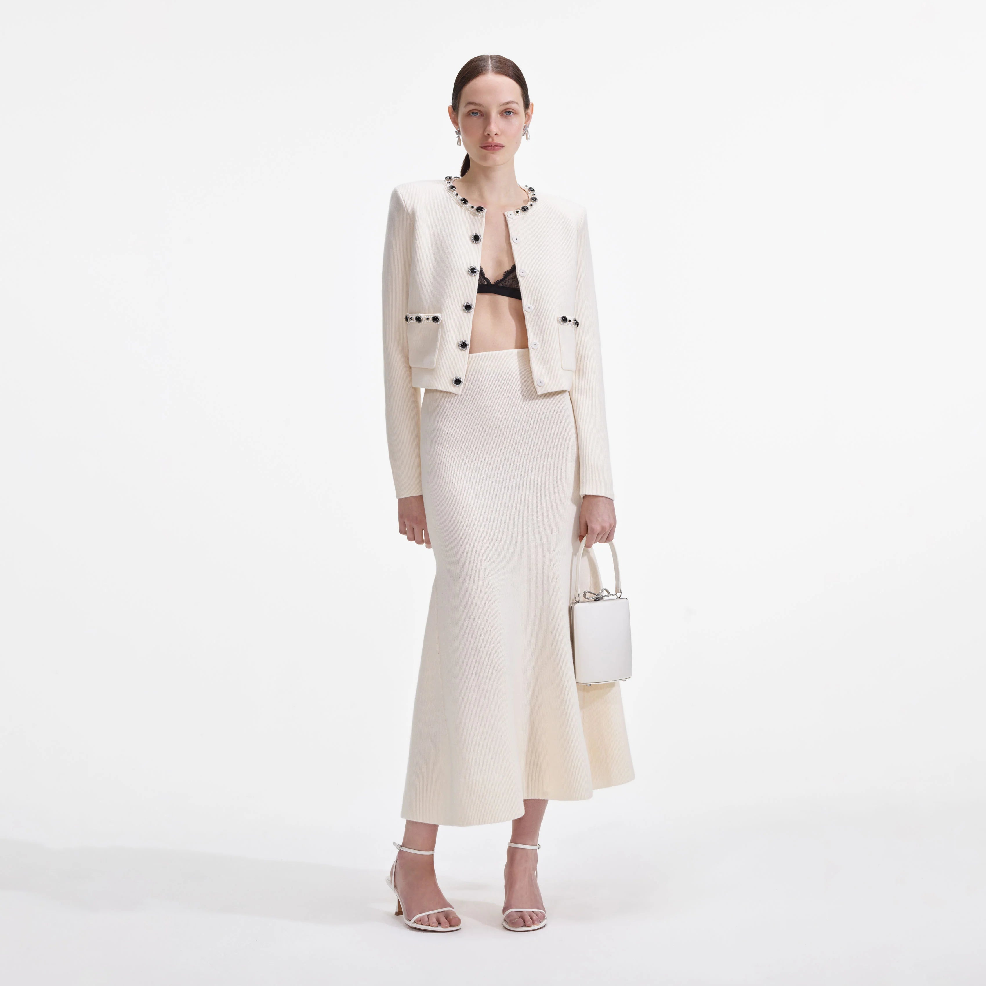 Cream Embellished Cardigan Skirt Set