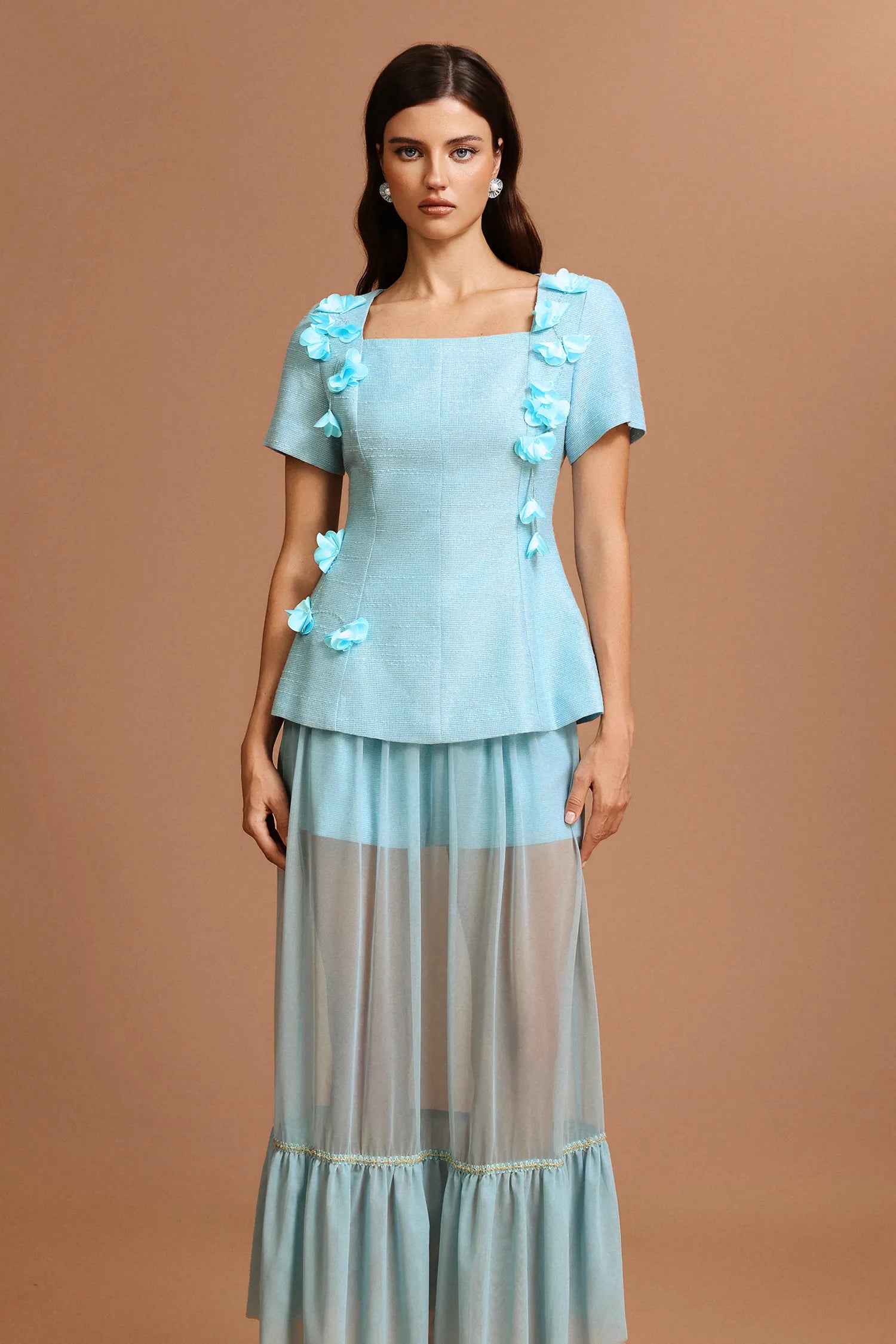 Blue Short Sleeves Flowers Folds Top and Skirt Two-Piece Set