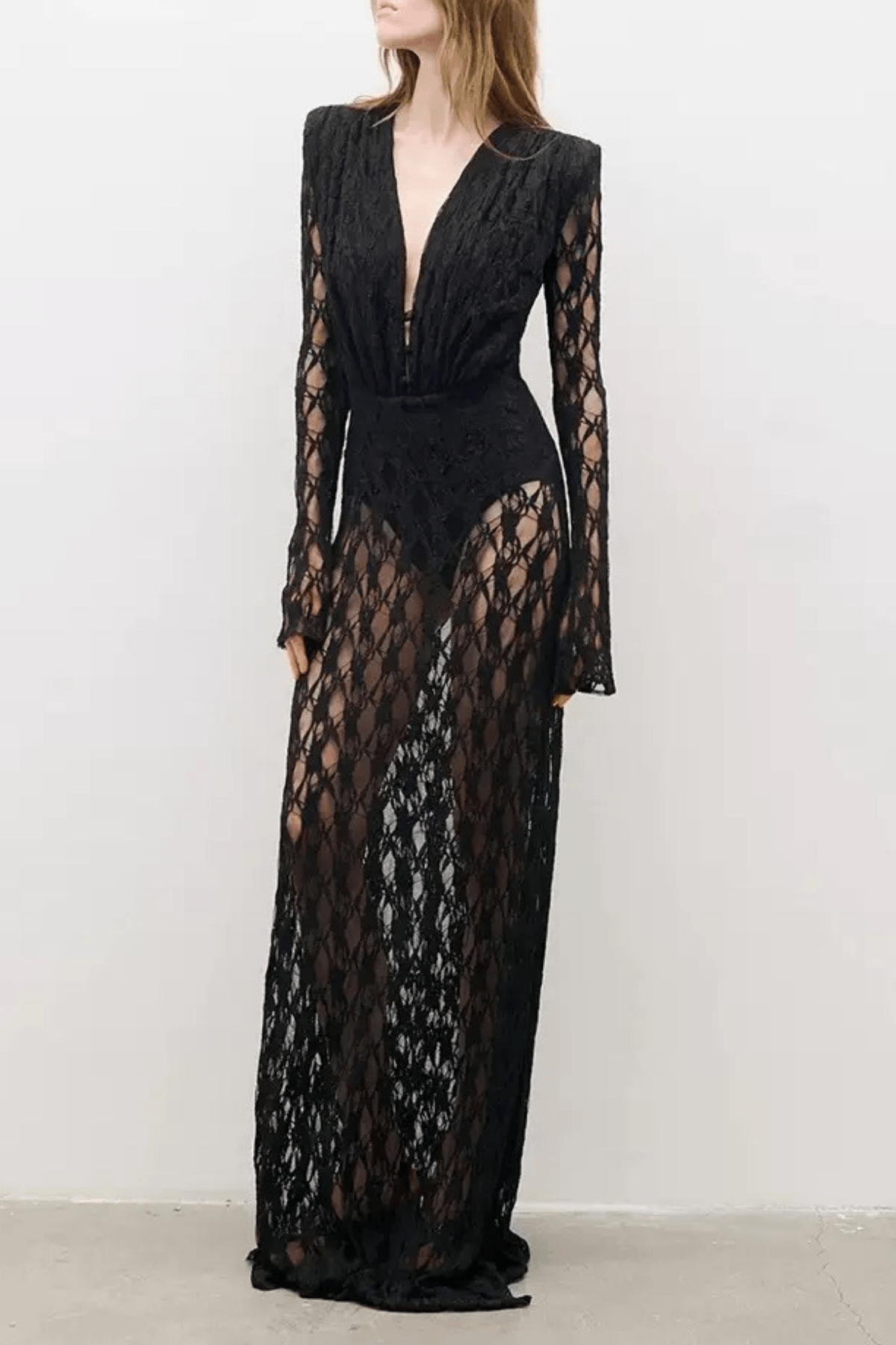 Black Geometric Grid Mesh Long Sleeve Maxi Dress