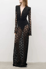 Black Geometric Grid Mesh Long Sleeve Maxi Dress