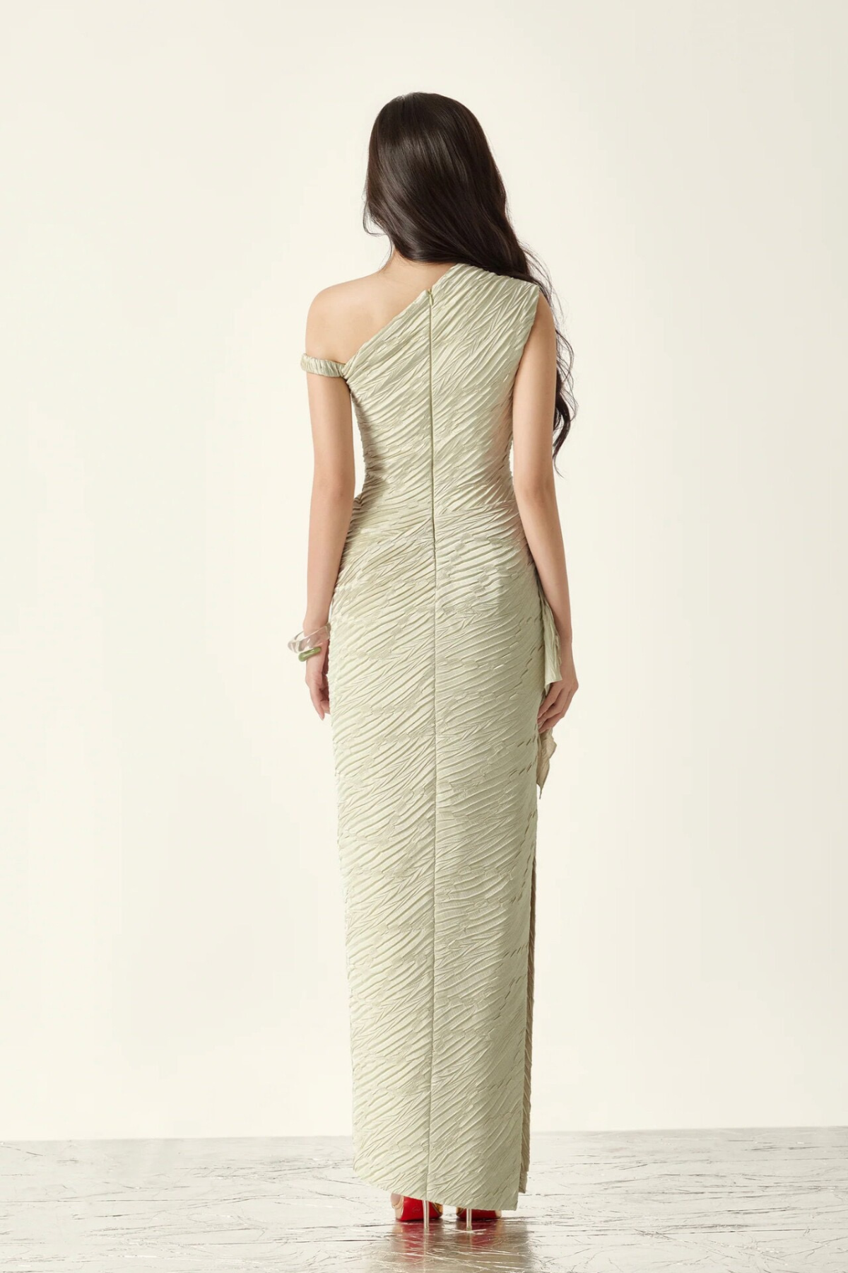 Green Textured One Shoulder Ruched Waist Asymmetrical Maxi Dress