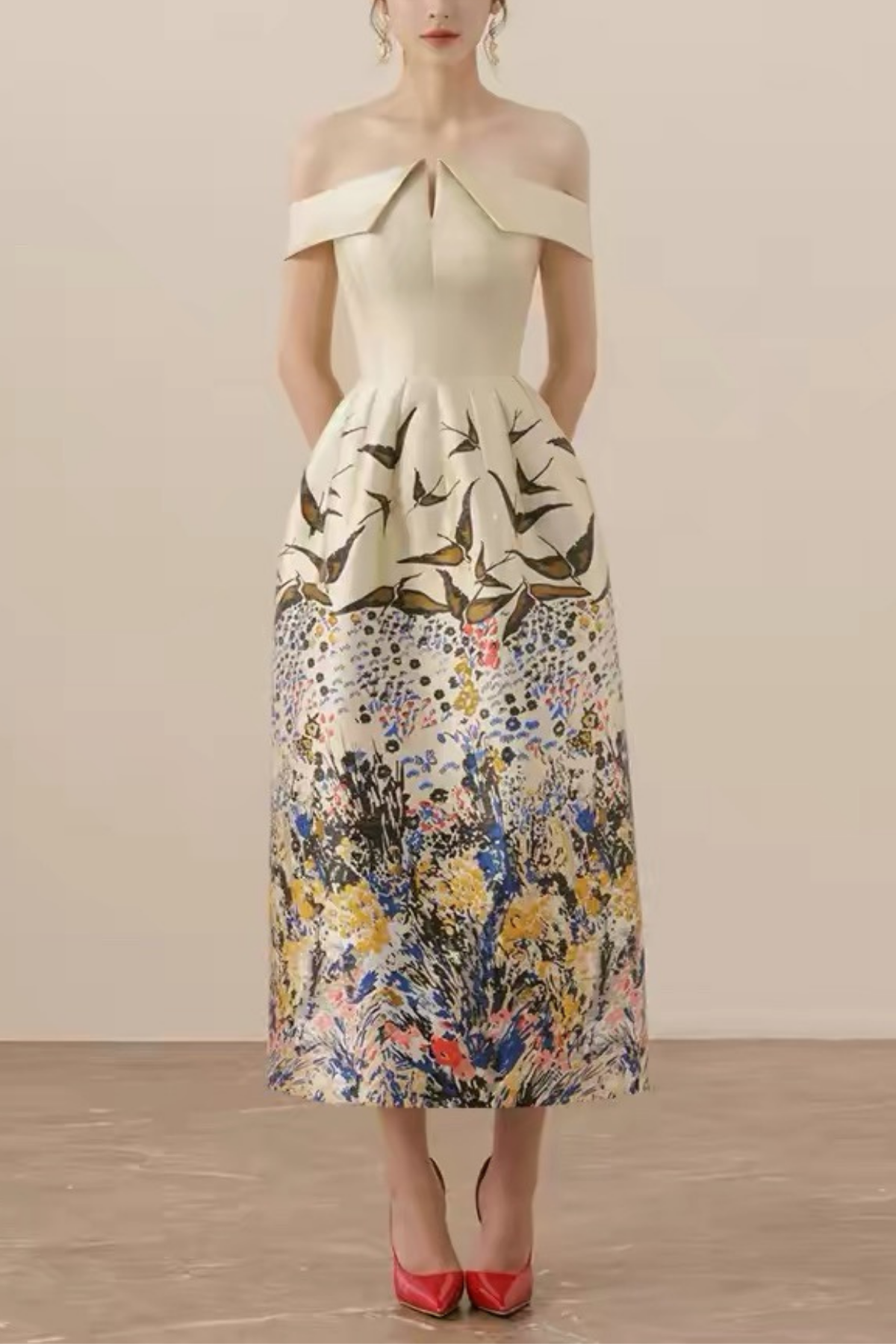 Vintage Off-Shoulder Waisted Print Formal Dress