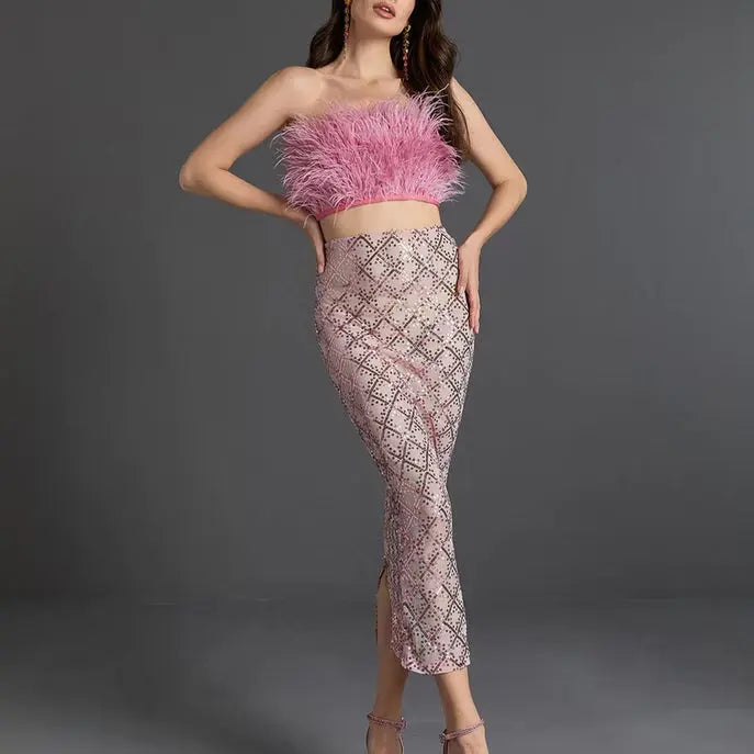 Pink Feather Top Sequin Midi Skirt Set