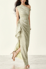 Green Textured One Shoulder Ruched Waist Asymmetrical Maxi Dress