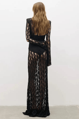 Black Geometric Grid Mesh Long Sleeve Maxi Dress