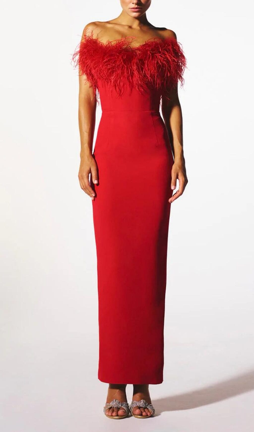 Stretch Feather Trimmed Gown in Red