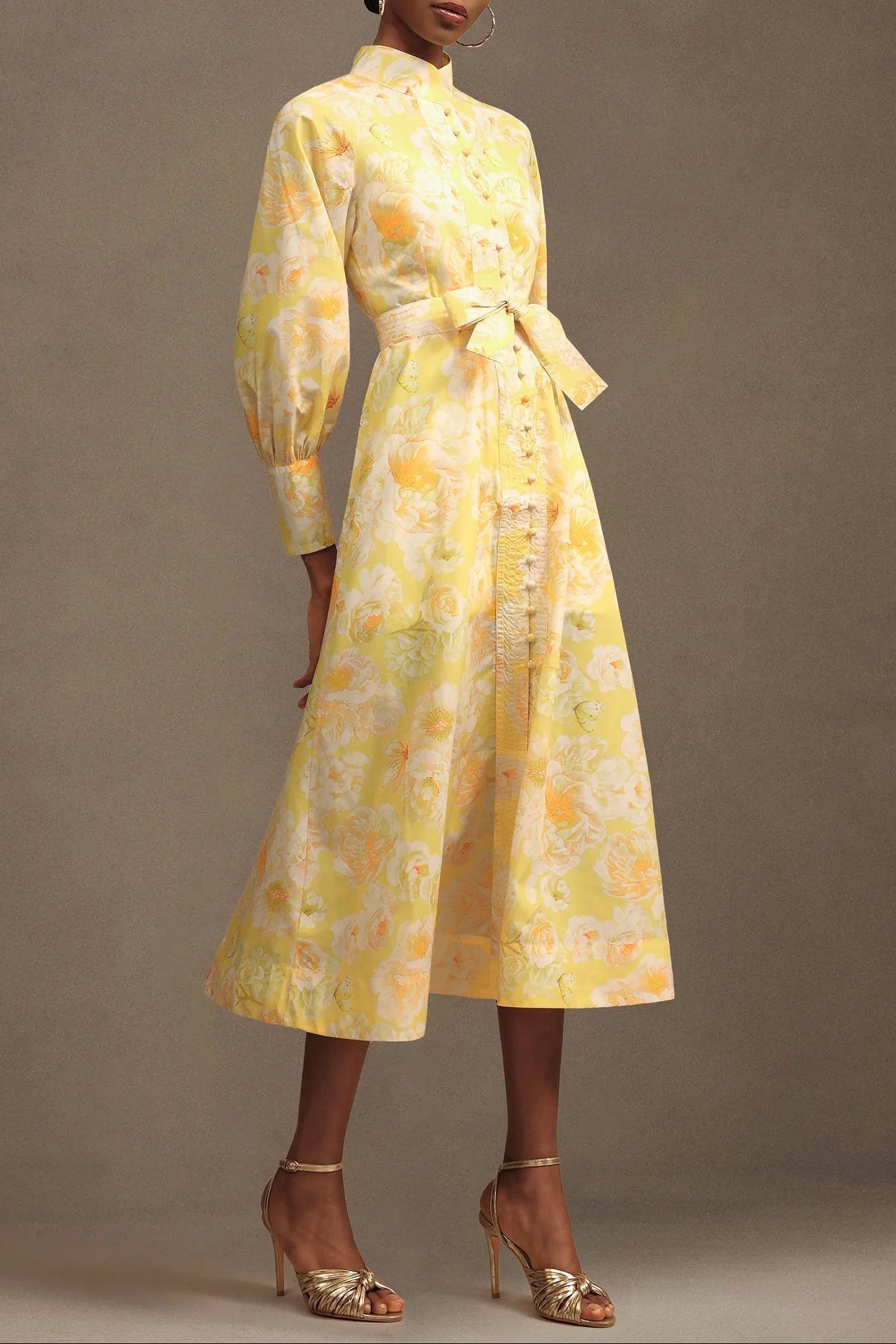 Long Sleeve Floral Printed Maxi Dress in Yellow