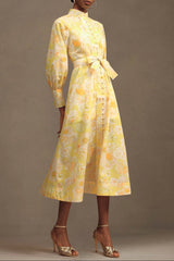 Long Sleeve Floral Printed Maxi Dress in Yellow