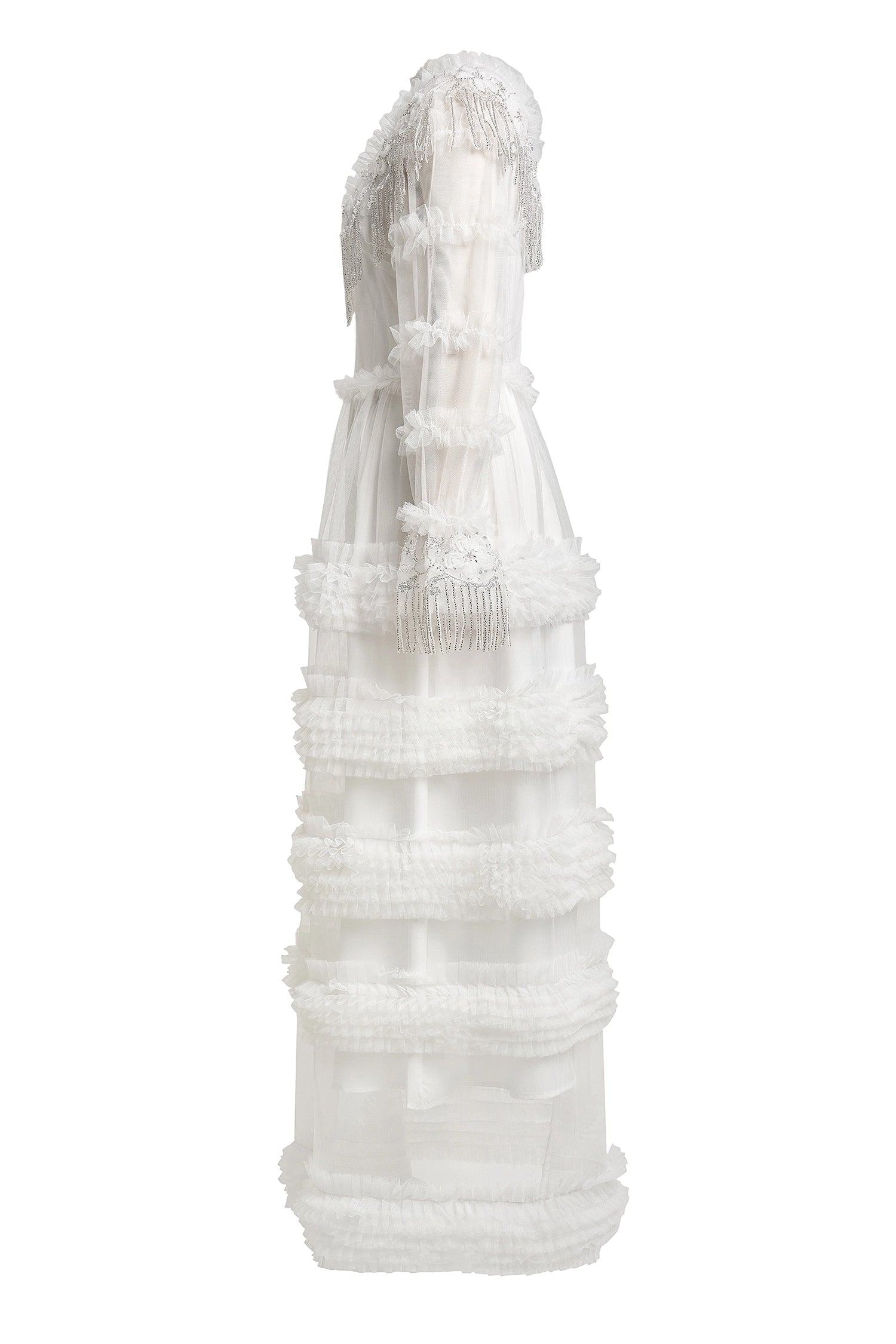 White Frill Round Neck Midi Dress