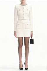 Diamond-Embellished Cardigan Skirt Set in White