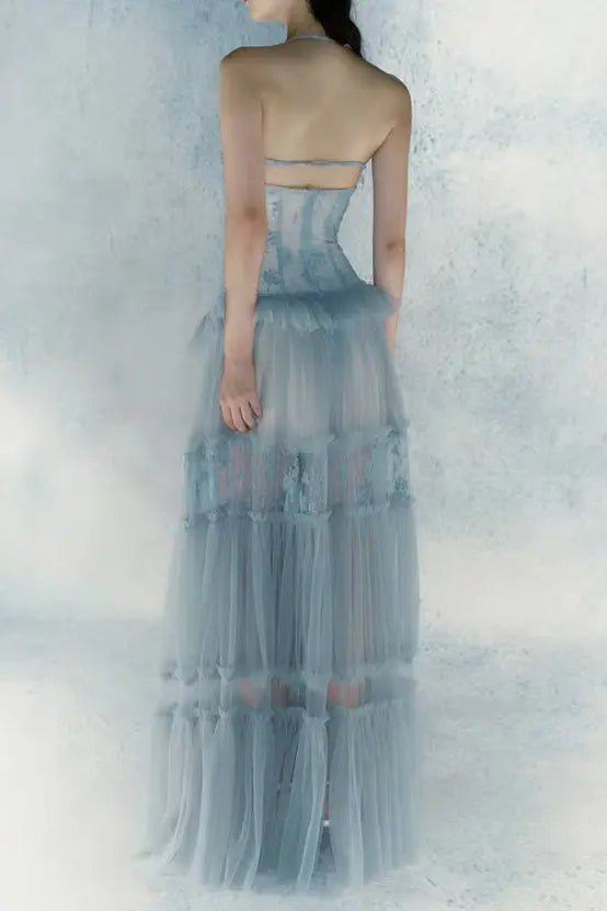 Lace Splicing Maxi Dress in Blue