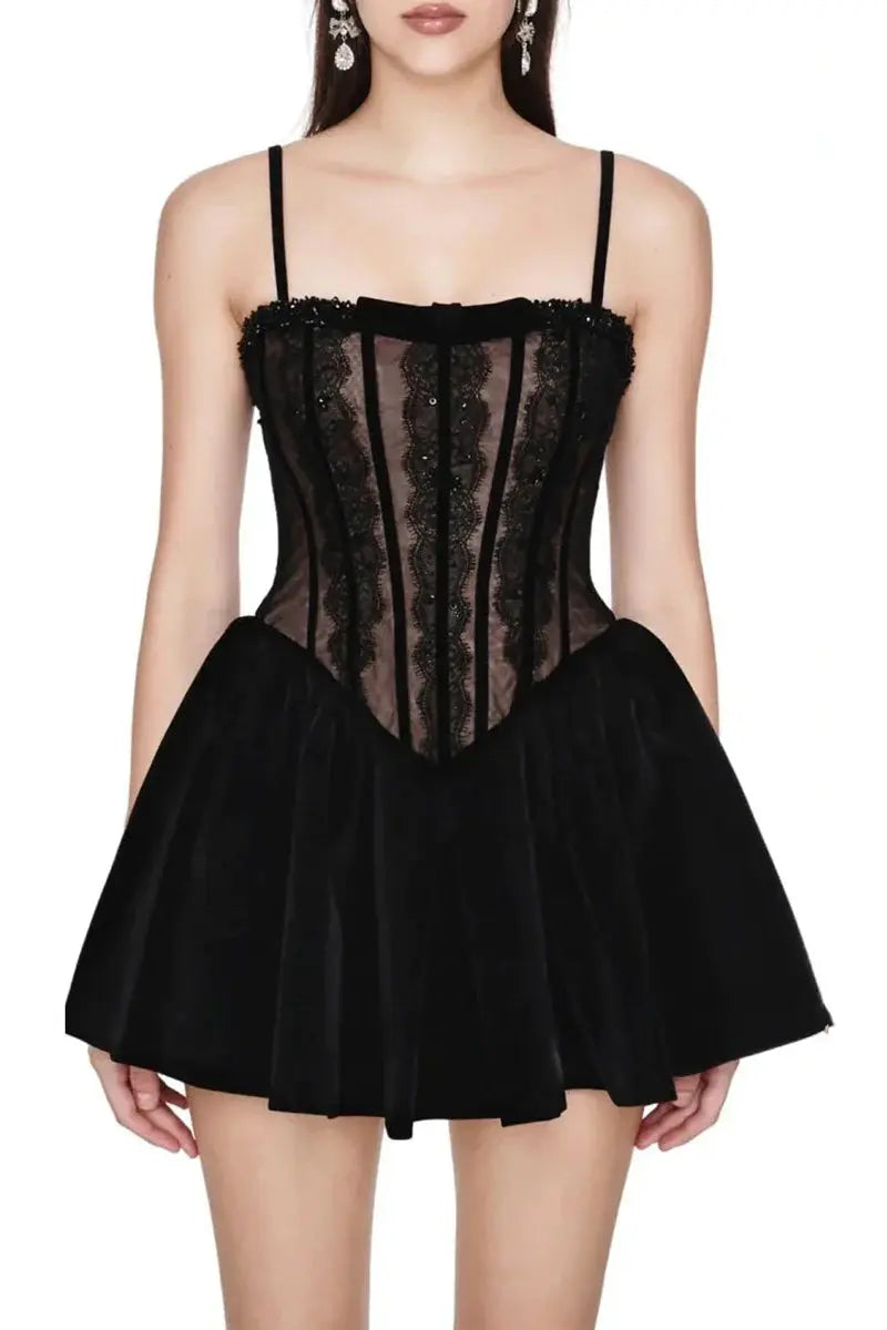 Black Corset Lace Flare Mini Dress