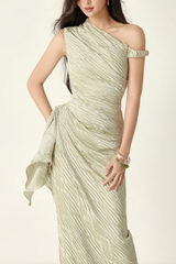 Green Textured One Shoulder Ruched Waist Asymmetrical Maxi Dress