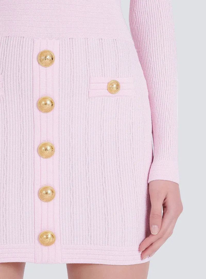 V-Neck Button-Detail Ribbed Mini Dress in Pink