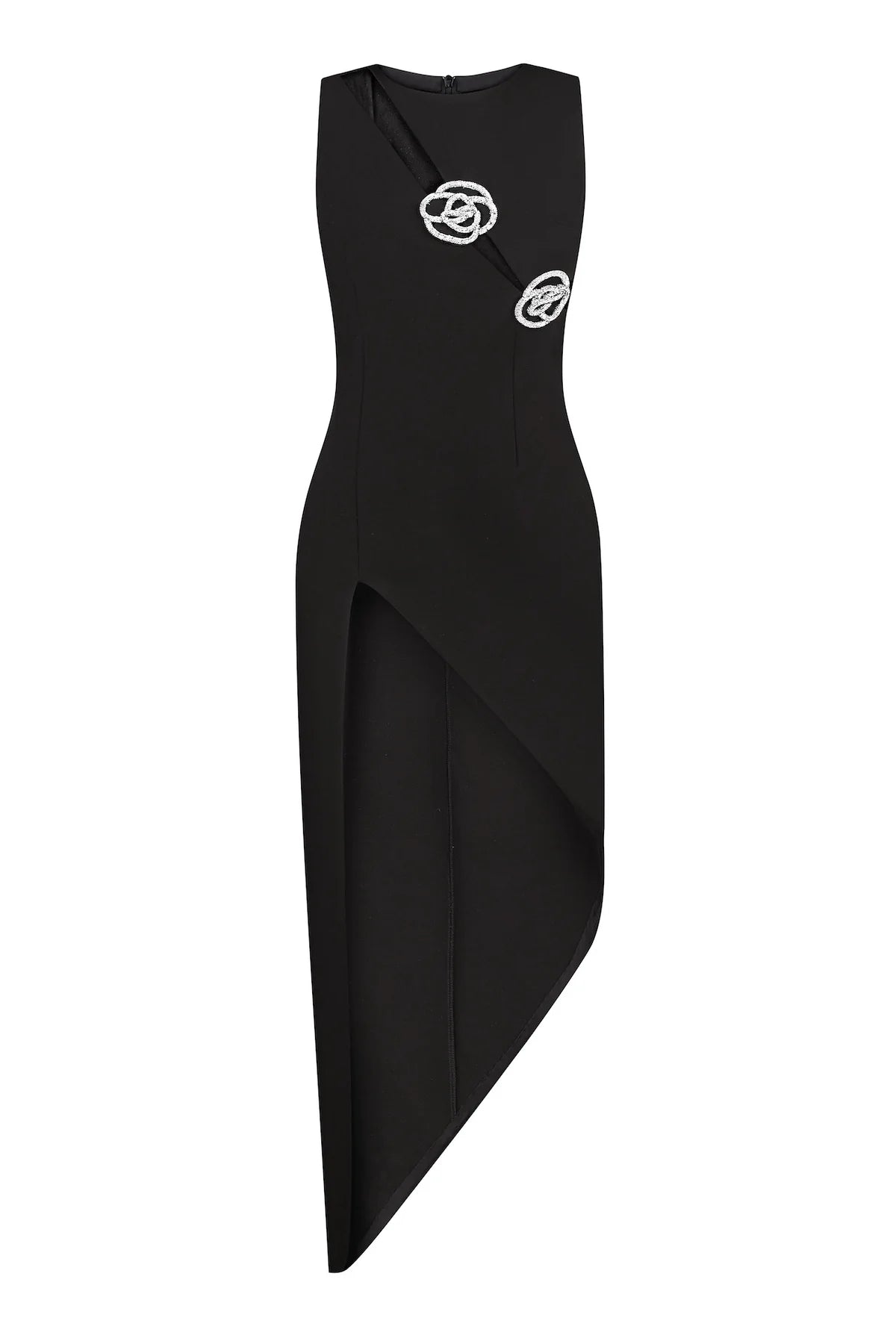 Crystal Rose Detailed High-Black Dress
