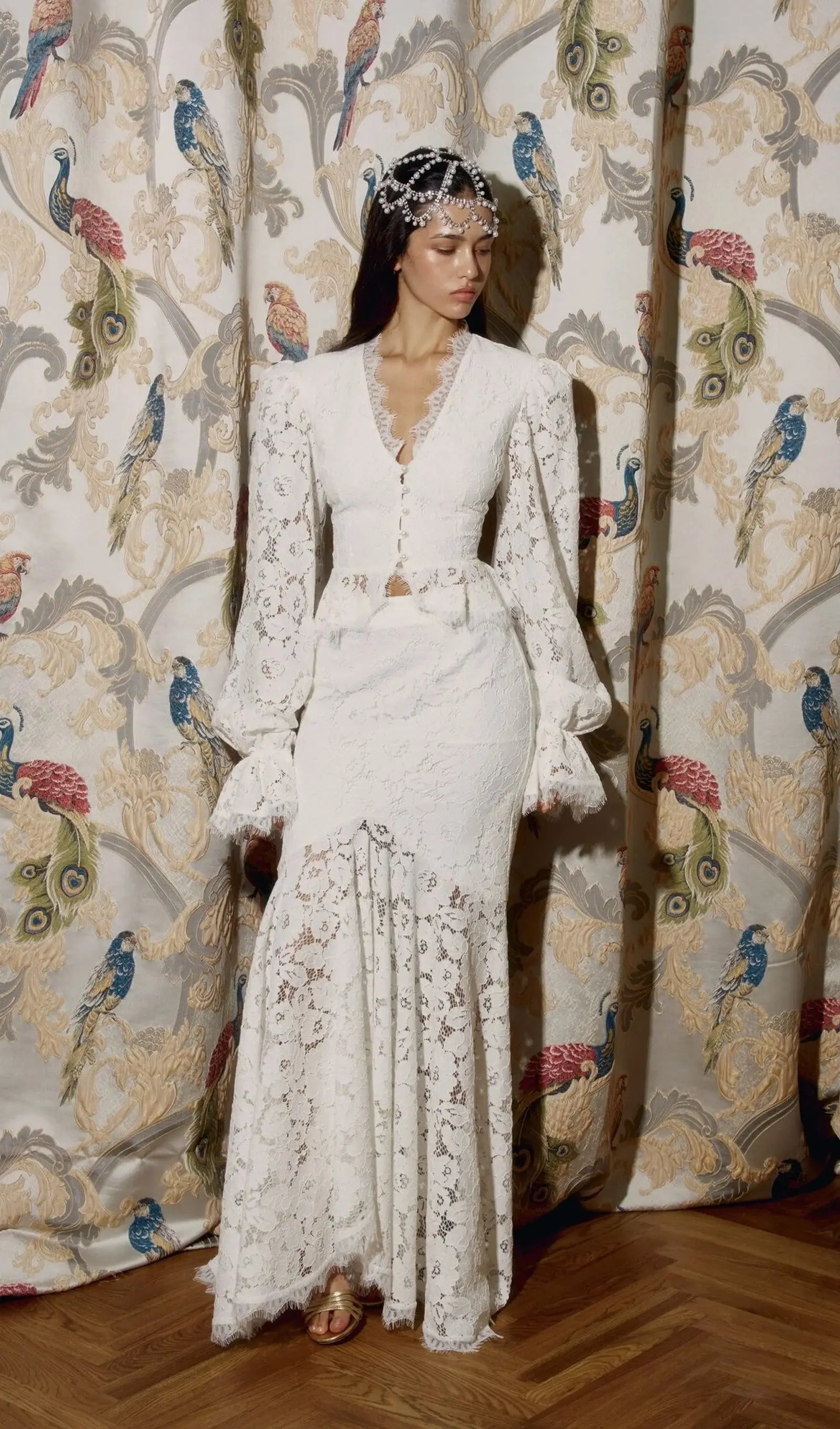 Lace Trimmed Puff Sleeved Top & Skirt Set in white