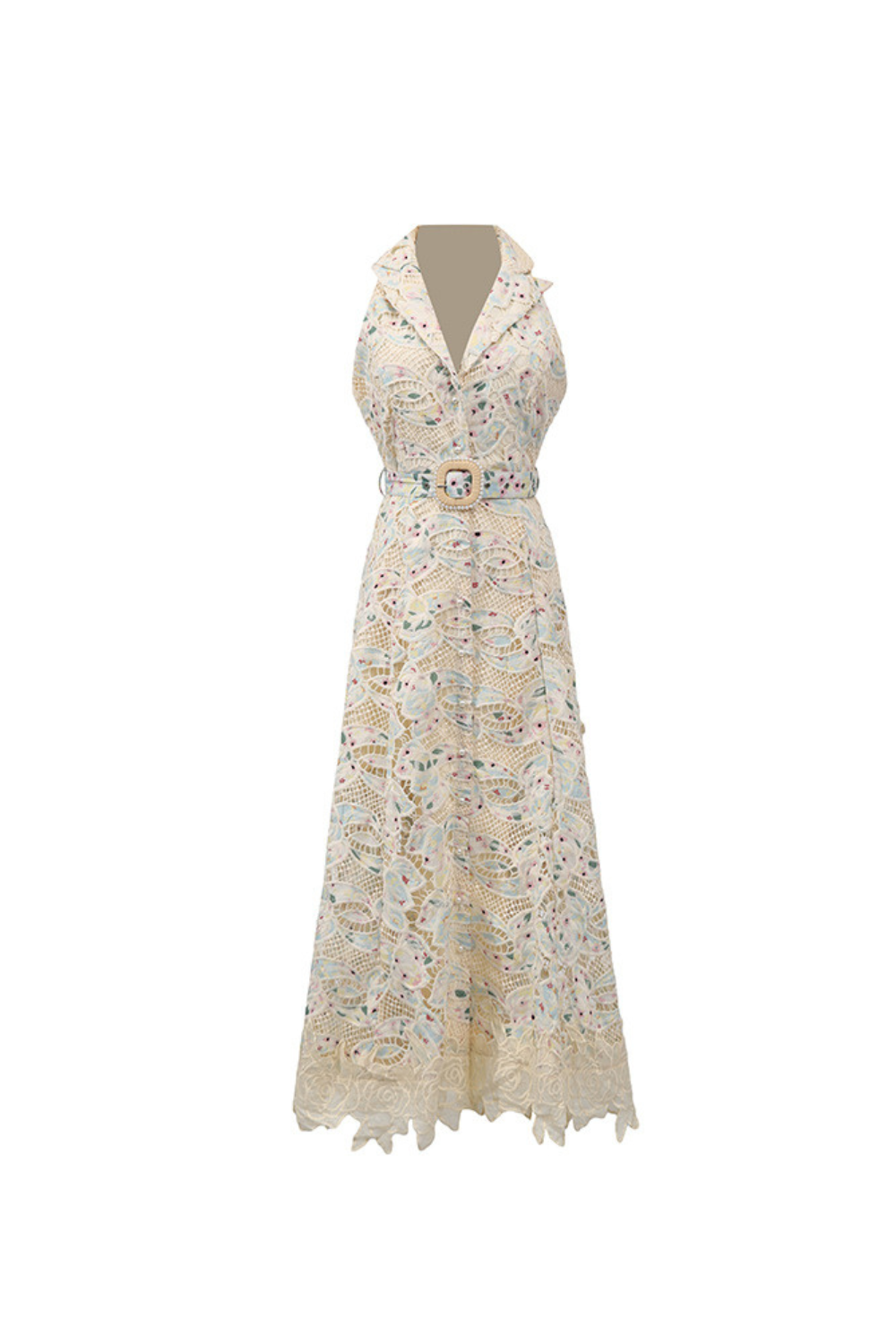 Sleeveless Hollow Lace Maxi Dress in Beige