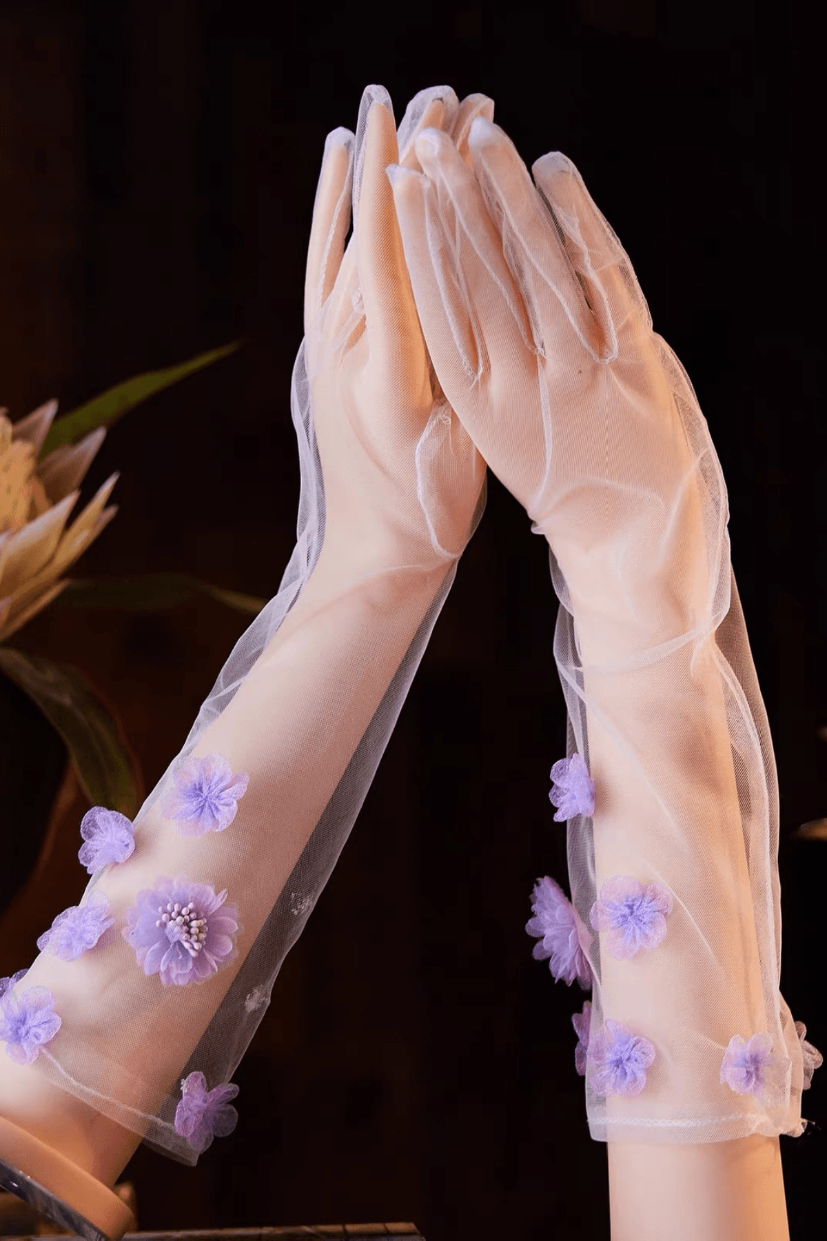 Purple 3D Flower Decor Sheer Long Gloves