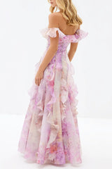 Floral Frill Off-Shoulder Maxi Dress in Pink