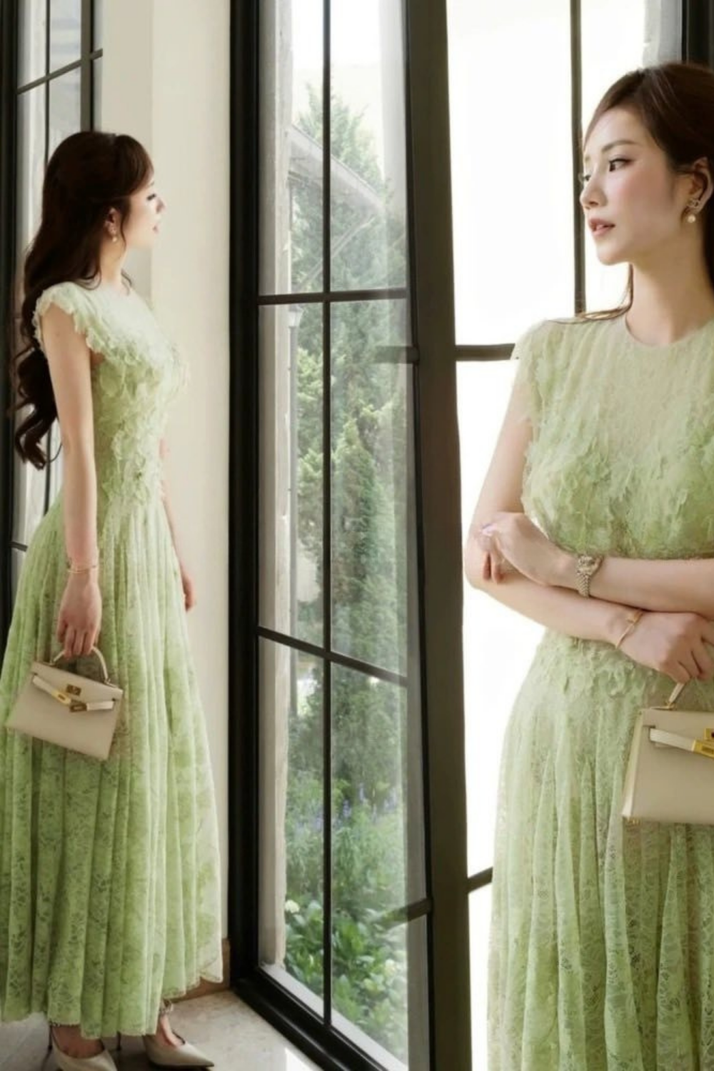 Lace Flower Embellished Maxi Dress in Green