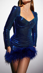 Sequin Feather Mini Dress In Sapphire