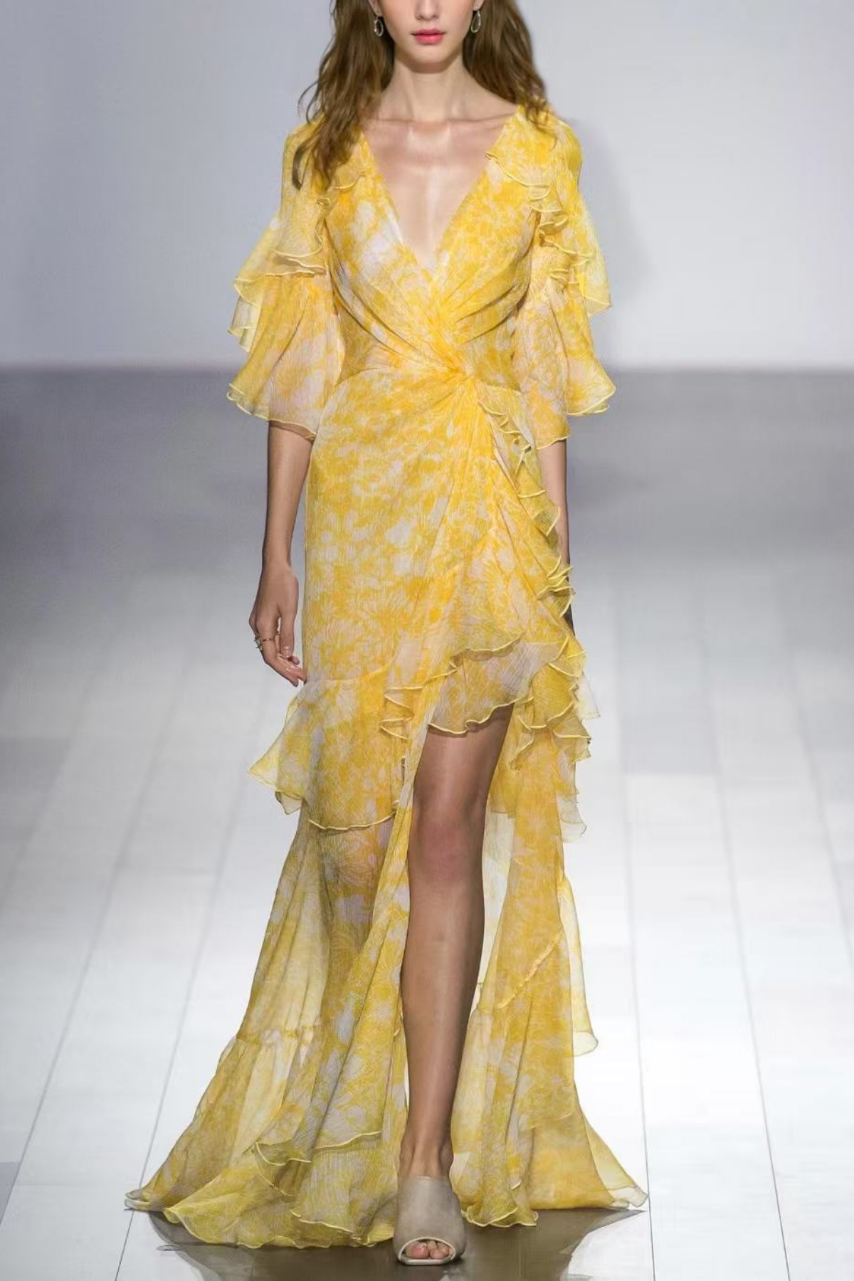 Floral Ruffle V-neck Yellow Maxi Dress