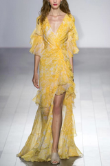 Floral Ruffle V-neck Yellow Maxi Dress