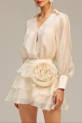Wrap V-Neck Organza Shirt Mini Dress in Apricot