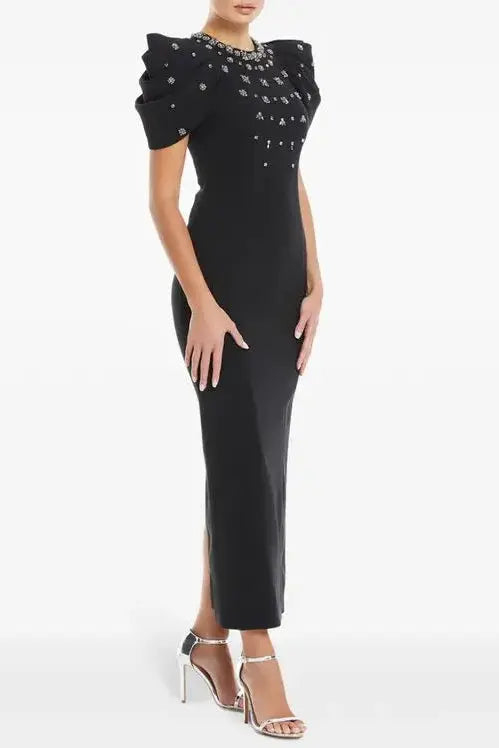 Crystal-Embellished Crepe Bodycon Gown in Black
