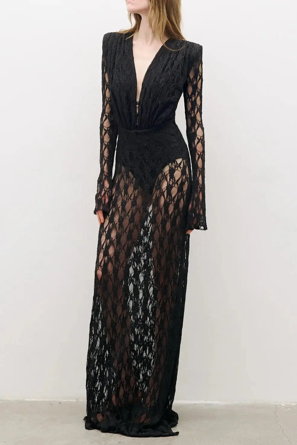 V Neck Hollow Long Sleeve Lace Maxi Dress in Black