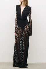 V Neck Hollow Long Sleeve Lace Maxi Dress in Black