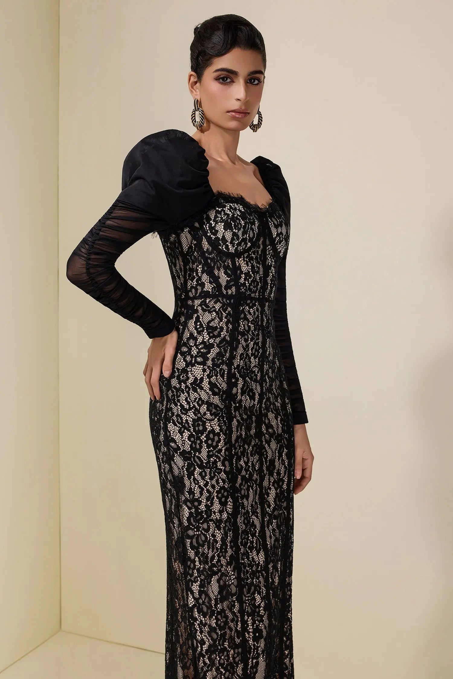 Lace Splicing Mesh Puff Sleeve Midi Dress in black