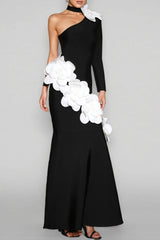One Shoulder 3D Flower Bandage Maxi Dress in Black